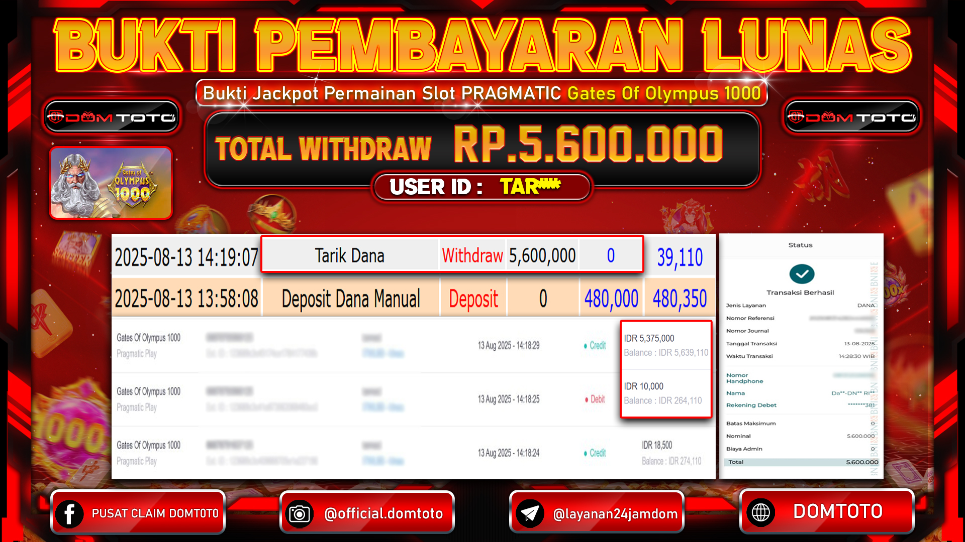 JACKPOT SLOT GATES OF OLYMPUS 1000 13 AGUSTUS  2025